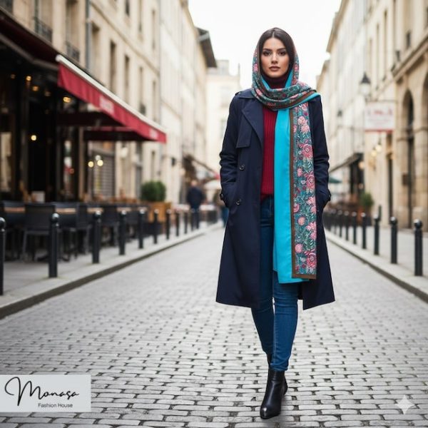 شال آبی فیروزه‌ای و سبز گلدار مزونی برند موناسا S73