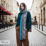 شال آبی فیروزه‌ای و سبز گلدار مزونی برند موناسا S73