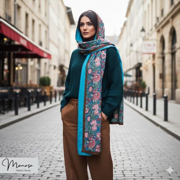 شال آبی فیروزه‌ای و سبز گلدار مزونی برند موناسا S73