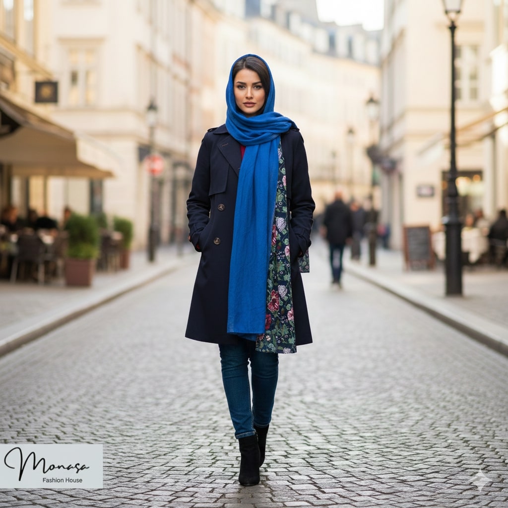 شال آبی تیره گلدار مزونی برند موناسا S76 شال آبی تیره گلدار مزونی برند موناسا S76